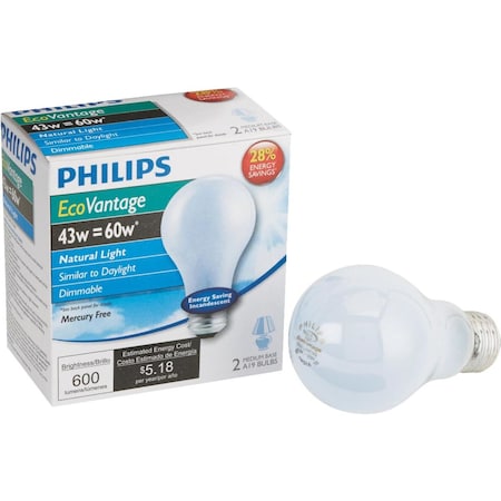 Philips EcoVantage 43 W A19 A-Line Halogen Bulb 600 lm Natural Light , 2PK 475871